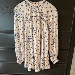Free People - Cream Long Sleeve Smocked Yoke Tunic Blouse with Navy Floral Dots